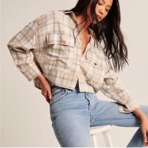 Abercrombie & Fitch Soft A&F 90s Cropped Flannel Shirt Tan Gray-Small